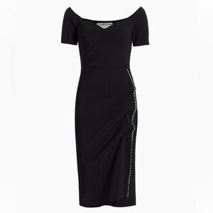 Chiara Boni Black Short-Sleeve Midi Sheath Dress with Side Crystal Trim